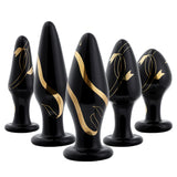 Cheryl Lace Pattern 5 Pcs Glass Wide Butt Plug Black Gold Anal Expander Training Sex Toy