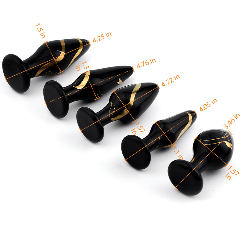 Cheryl Lace Pattern 5 Pcs Glass Wide Butt Plug Black Gold Anal Expander Training Sex Toy