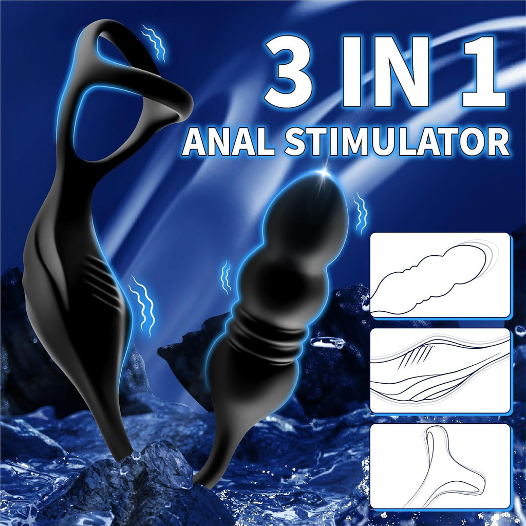 Thrusting Anal Vibrator Prostate Massager, Vibrating Cock Ring, Remote Control Anal Butt Plug, 9 Vibration Modes, Anal Bead，Male Vibrators for Men Adult Toys, Sex Toys for Men and Couple Pleasure