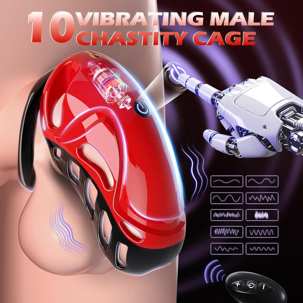 Chastity Cage Vibrator Sex Toýs for Man - Male Chastity Devices Sissy Cock Cage Sex Toyscouples for Couples with 10 Vibrations, BDSM Bondage Penis Exercise Train Adult Toy with 5 Sizes Ring 2 Keys