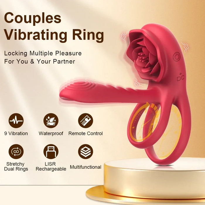 Rechargeable 7 Vibrating Male Couples Sex Toys, Vibrating Penis Ring with Rose Clitoral Stimulator, Couples Sex Toys with G Spot Clitoral Vibrator